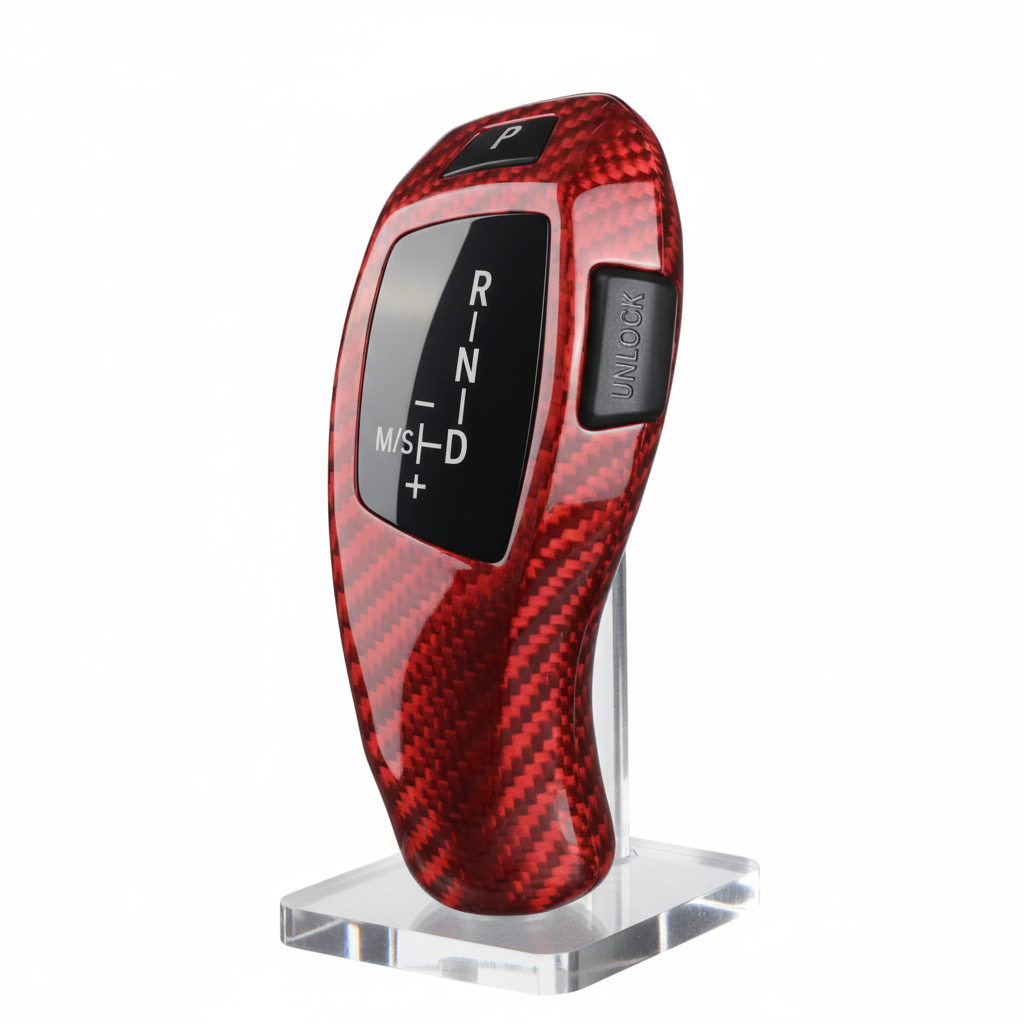 Red carbon fiber gear shift knob on stand