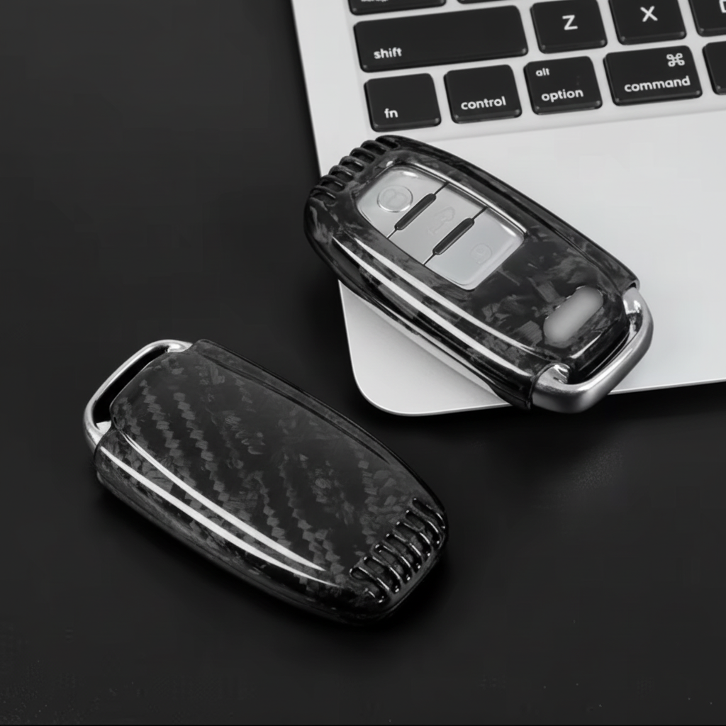 Two Audi key covers on laptop