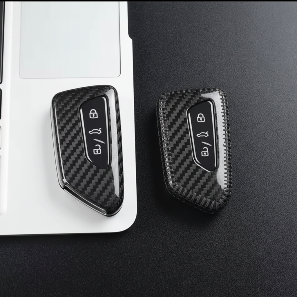Two black VW key covers on laptop